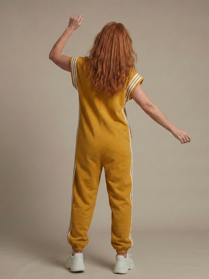 Zip Front Jumpsuit for Women Cap Sleeve Side Stripe Panel