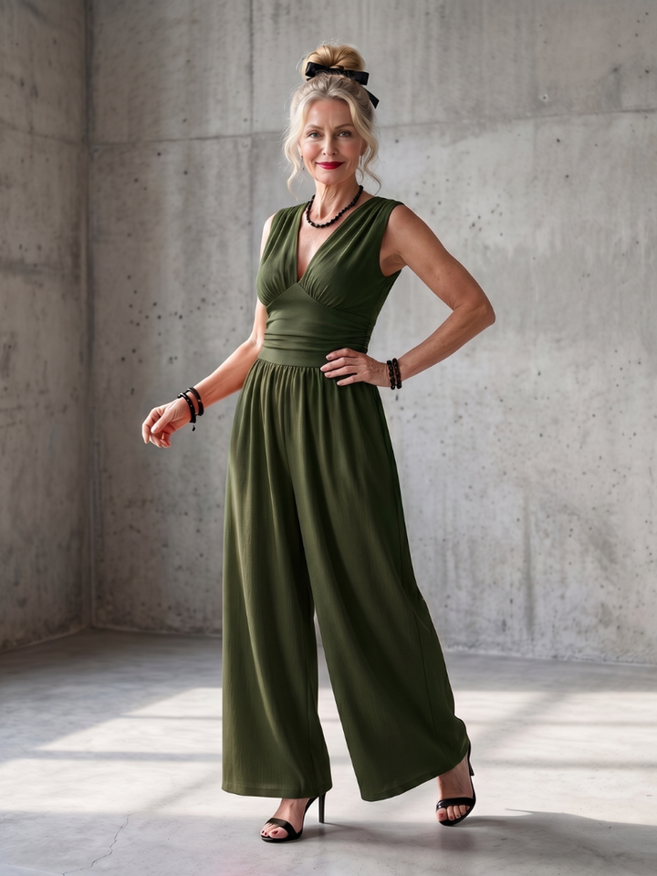 Deep V Neck Sleeveless Jumpsuit for Women Wide Leg Defined Waist