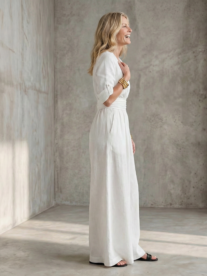 Cross Front Wide Leg Jumpsuit for Women Elbow Sleeve Defined Waist
