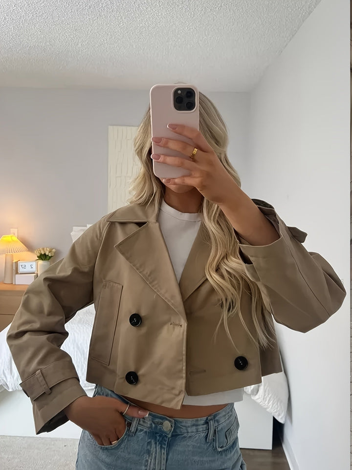 Coffee Brown Cropped Pea Coat for Women - Double Breasted Short Coat