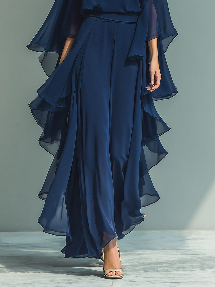 Navy Blue Top Set with Flared Sleeves and Straight Leg Pants with Ruché Details