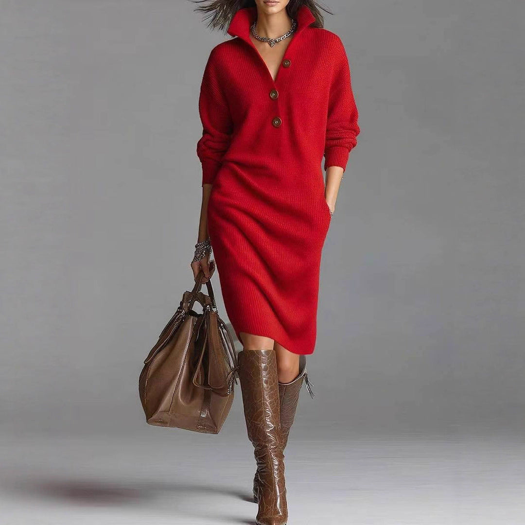 Button V-Neck Standing Collar Sweater Dress for Women - styled