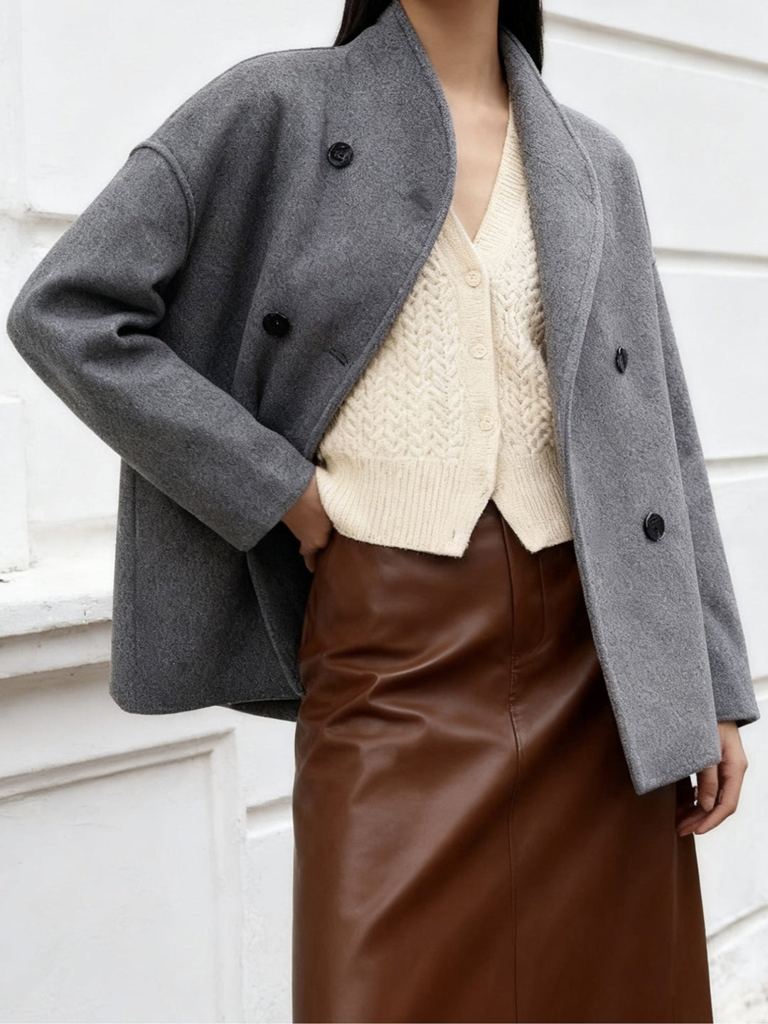 Cropped Wool Pea Coat for Women - Double Breasted Stand Collar Coat