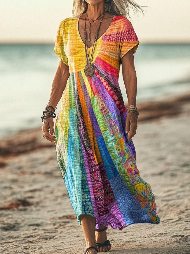 Boho Dress Printed Long Short Sleeve Casual Plus Size Sundress