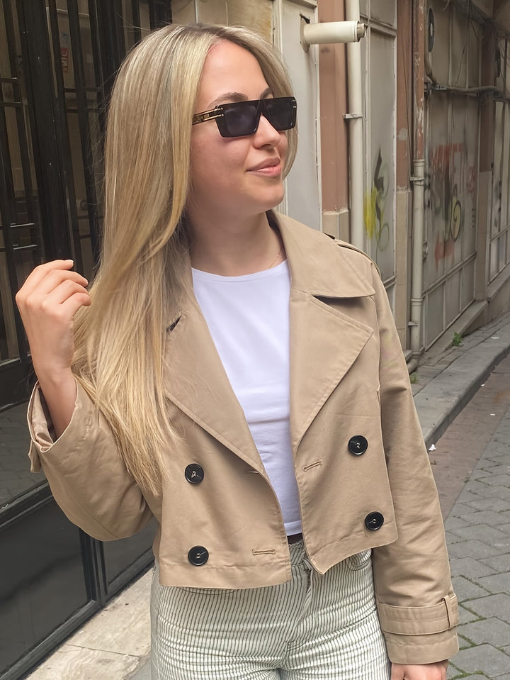Coffee Brown Cropped Pea Coat for Women - Double Breasted Short Coat
