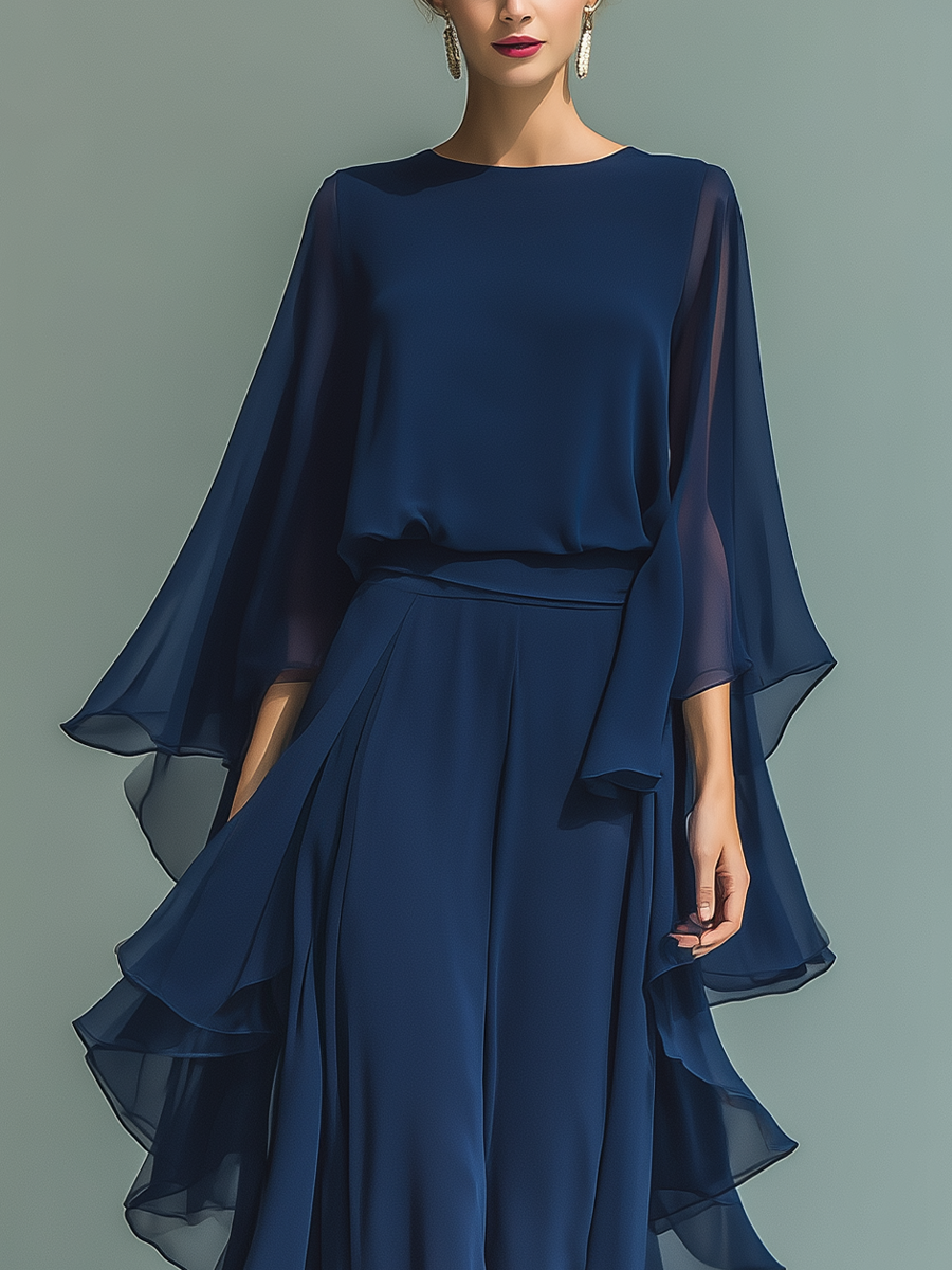 Navy Blue Top Set with Flared Sleeves and Straight Leg Pants with Ruché Details
