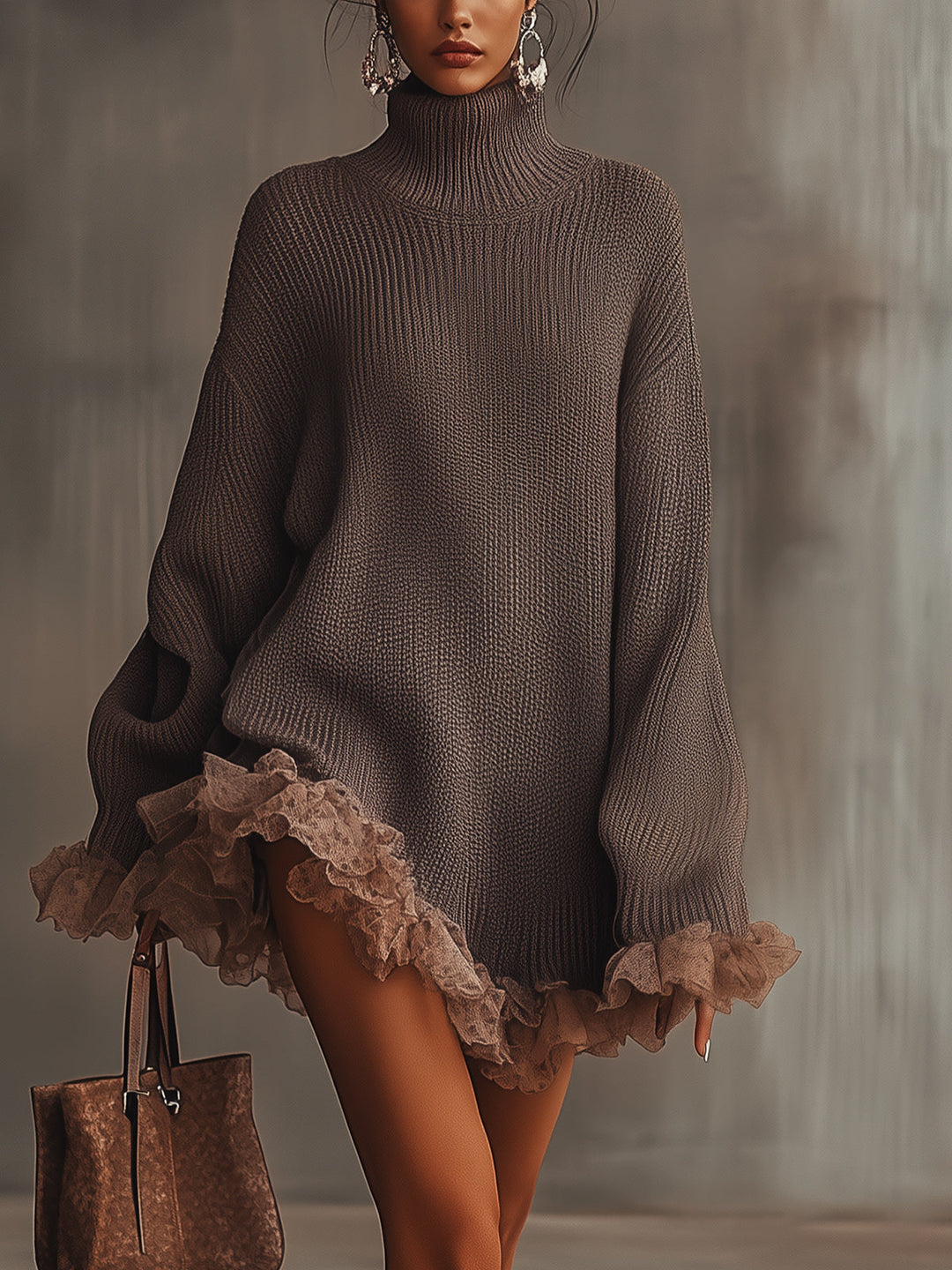 Elegant High-Neck Sweater Dress for Women - front view