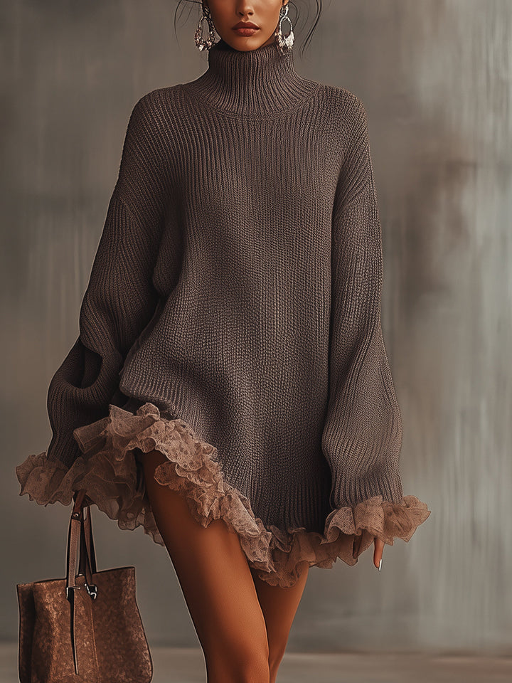 Elegant High-Neck Sweater Dress for Women - front view