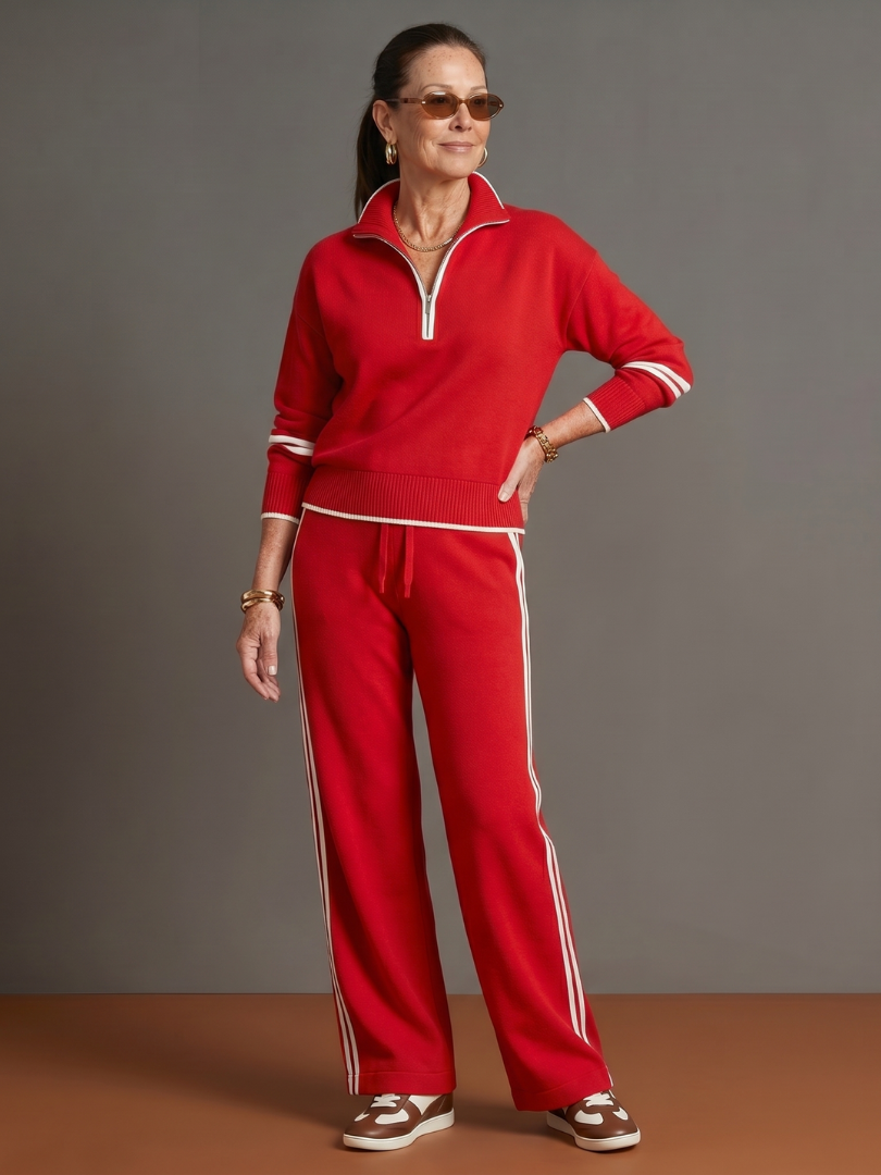 Zip Neck Long Sleeve Knit Top Wide Leg Pant Set for Women - Red