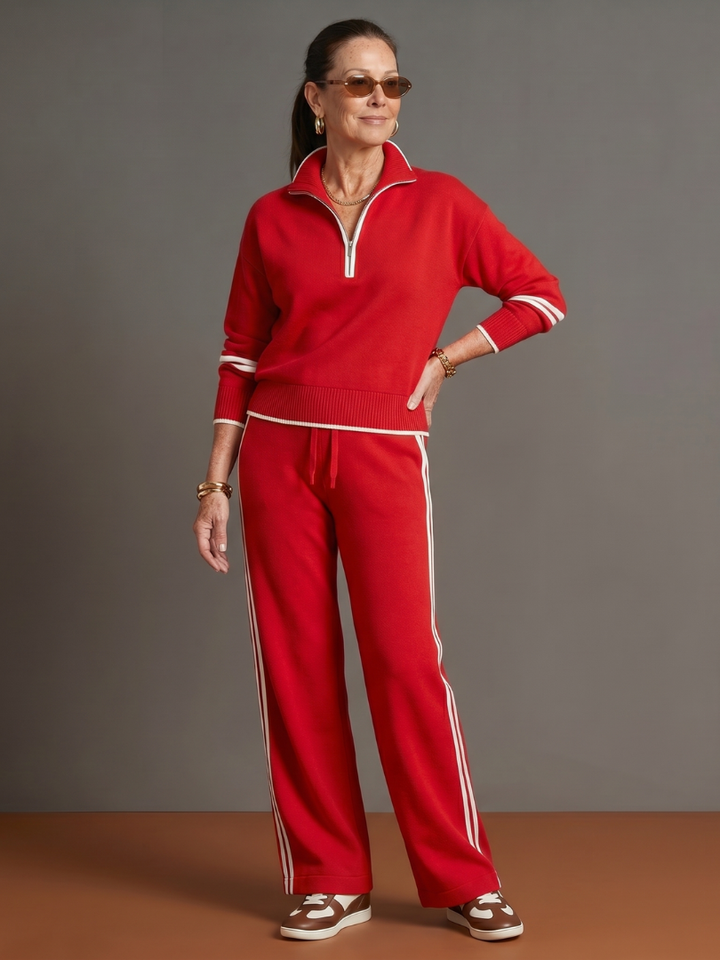 Zip Neck Long Sleeve Knit Top Wide Leg Pant Set for Women - Red
