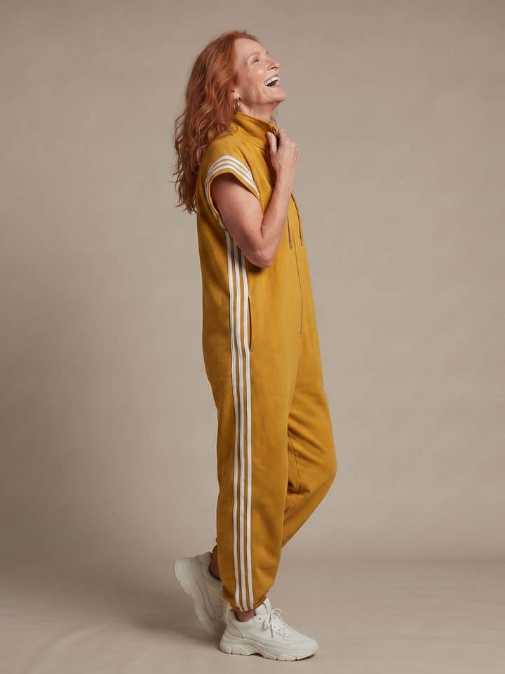 Zip Front Jumpsuit for Women Cap Sleeve Side Stripe Panel