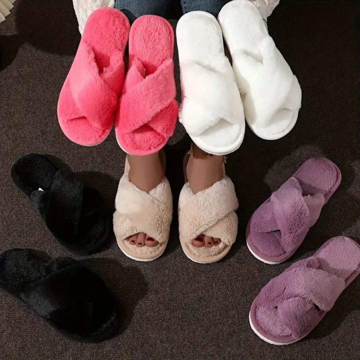 Criss Cross Fuzzy Slippers for Women Cushioned Sole Non Slip