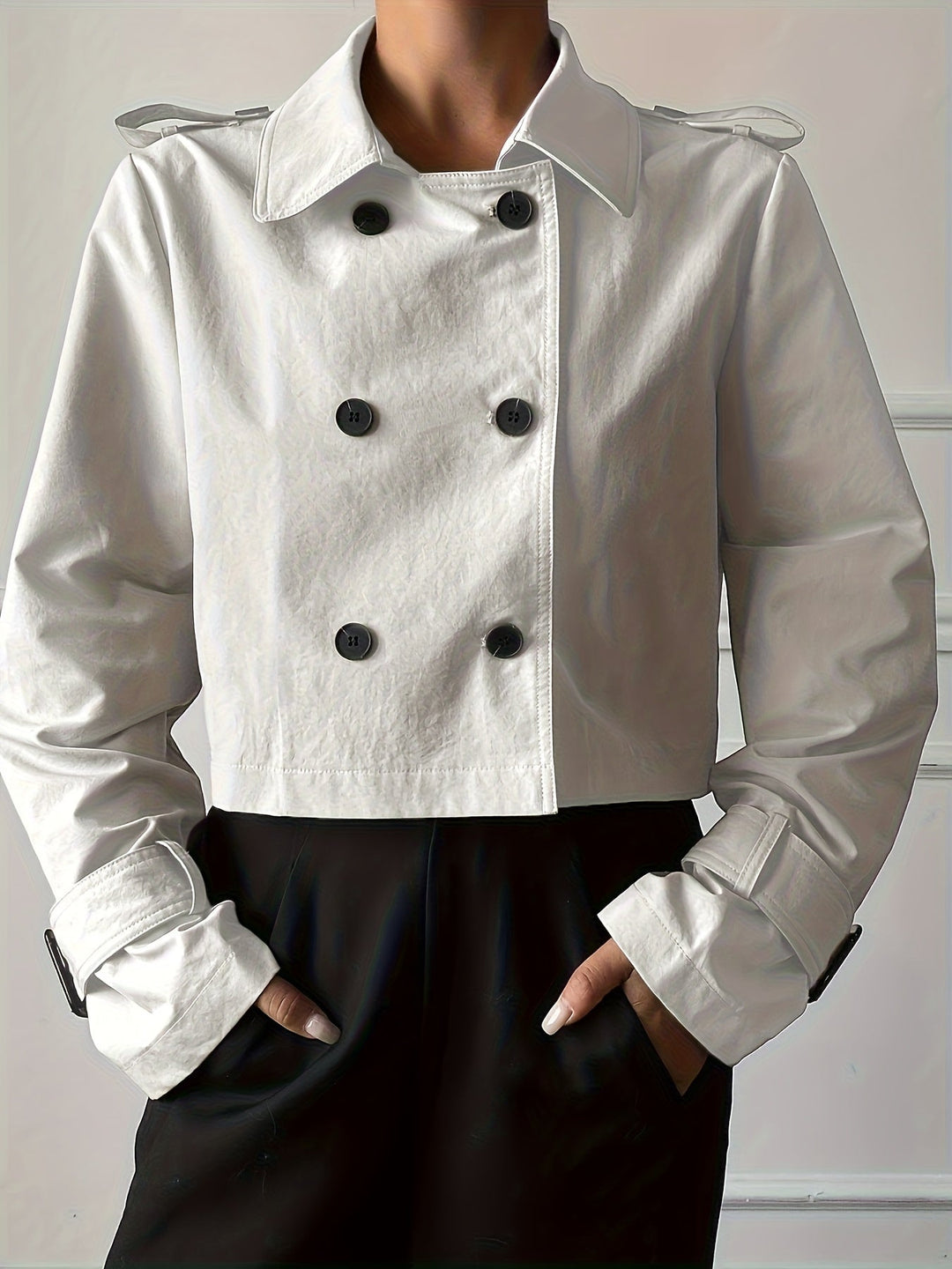 Khaki Cropped Pea Coat for Women - Double Breasted Notch Lapel Coat
