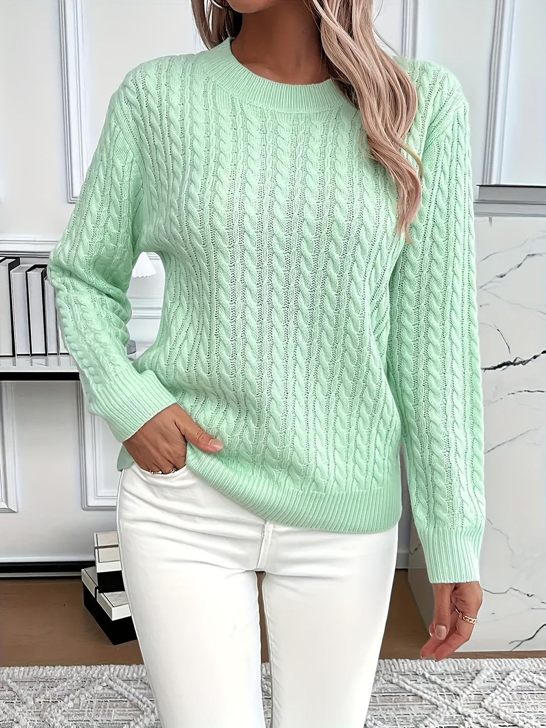 Cable Knit Sweater for Women - Light Green