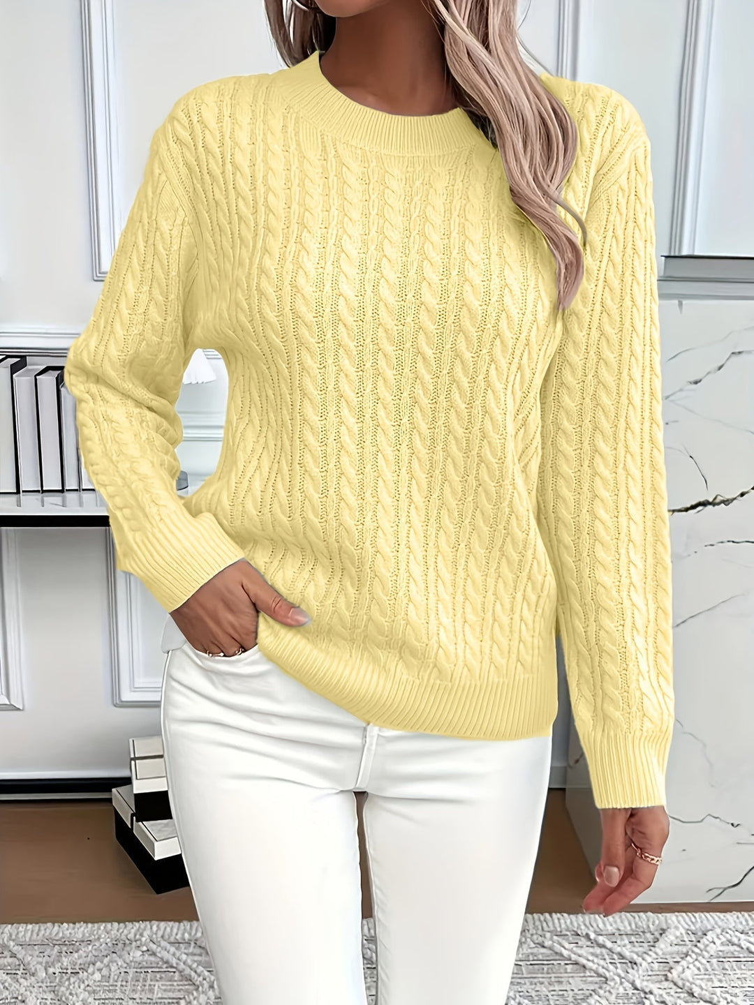 Cable Knit Sweater for Women - Yellow