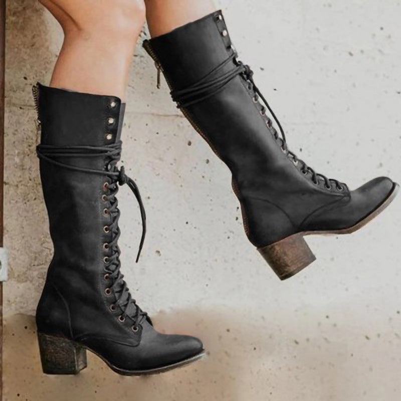 Vintage Lace-Up Knee High Boots for Women - front view