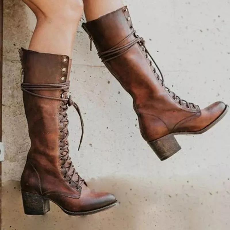Vintage Lace-Up Knee High Boots for Women - detail view