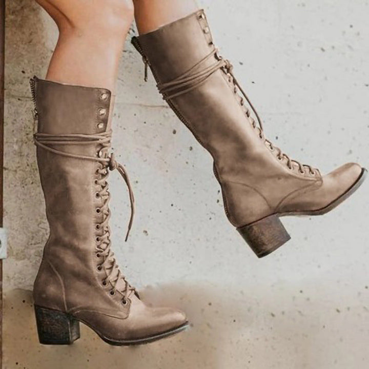 Vintage Lace-Up Knee High Boots for Women - side view