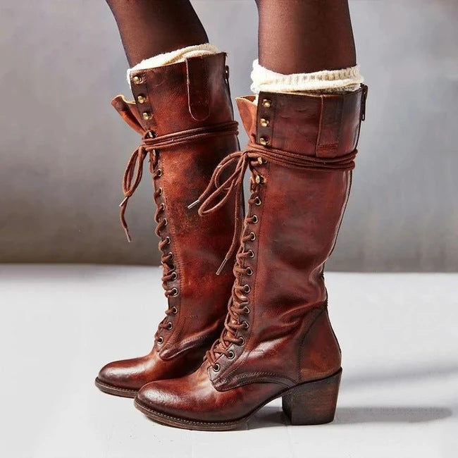 Vintage Lace-Up Knee High Boots for Women - heel detail
