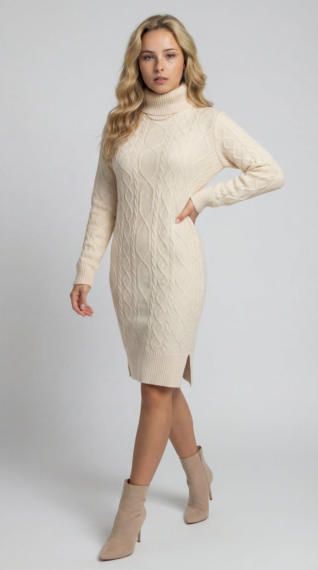Cable Knit Turtleneck Sweater Dress for Women - Off-White