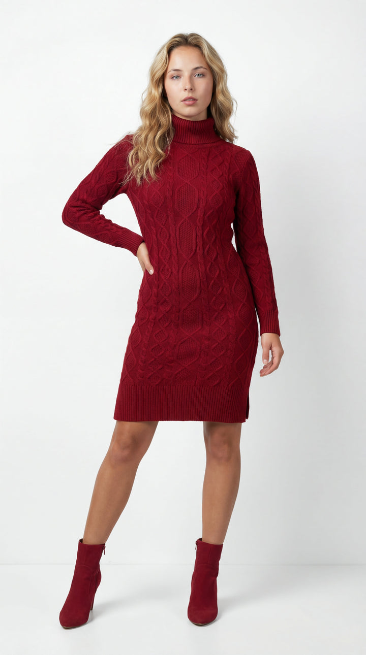 Cable Knit Turtleneck Sweater Dress for Women - Red