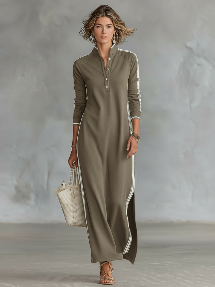 Maxi Dress for Women with Button-Down Collar and White Trim