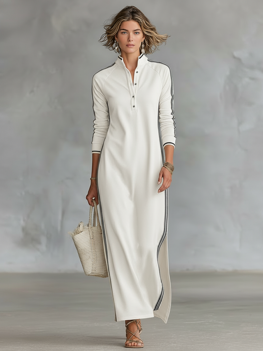 Maxi Dress for Women with Button-Down Collar and White Trim