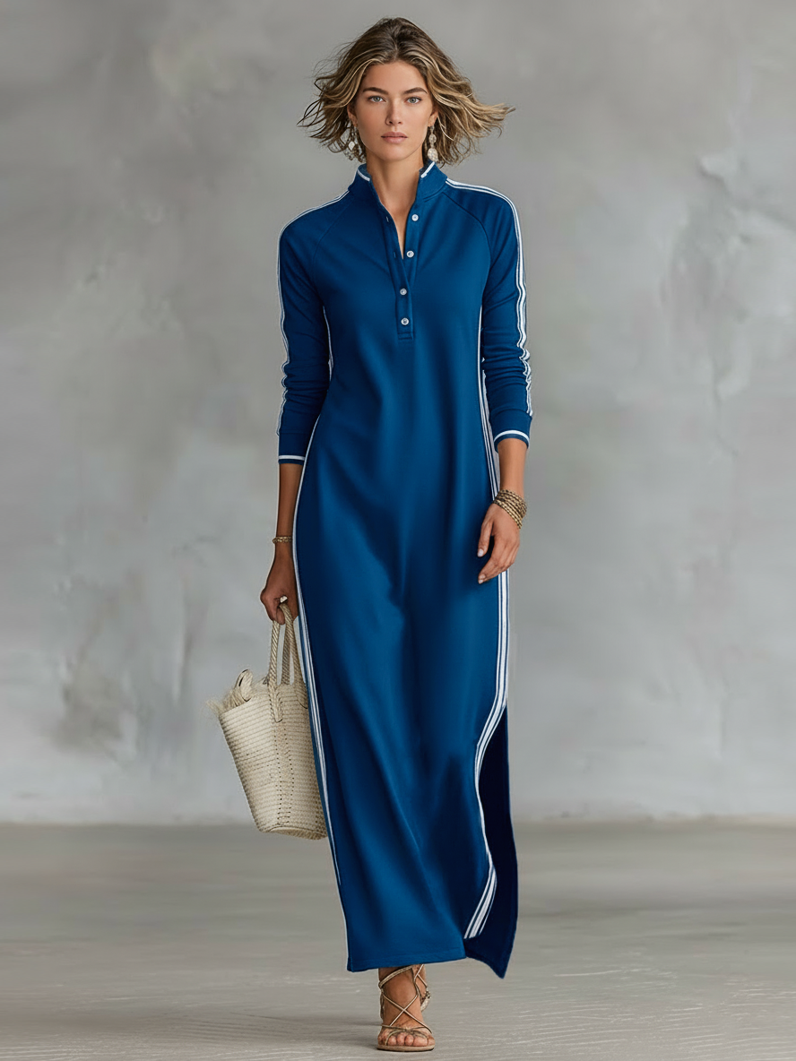 Maxi Dress for Women with Button-Down Collar and White Trim