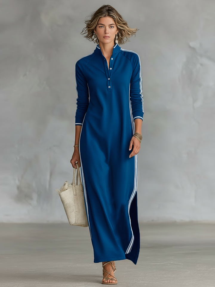 Maxi Dress for Women with Button-Down Collar and White Trim