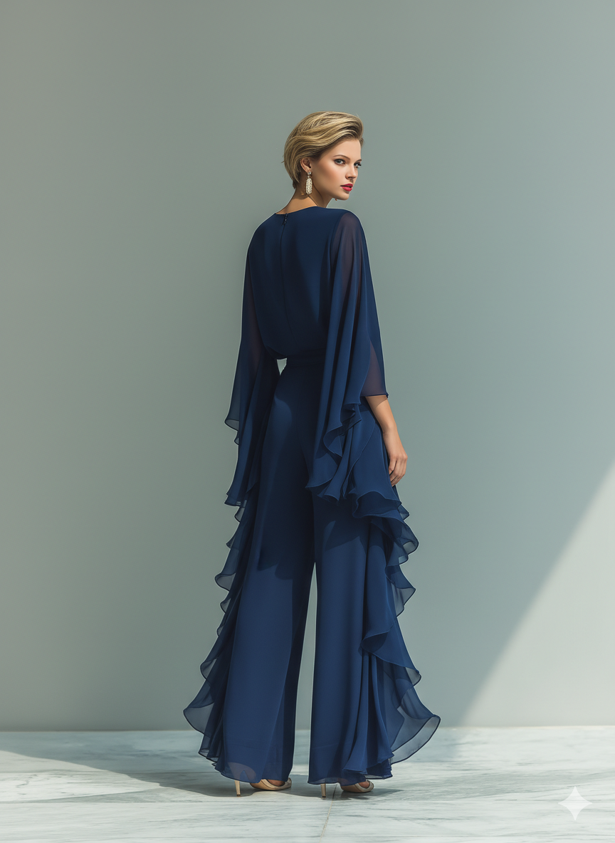 Navy Blue Top Set with Flared Sleeves and Straight Leg Pants with Ruché Details