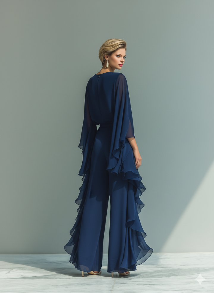 Navy Blue Top Set with Flared Sleeves and Straight Leg Pants with Ruché Details