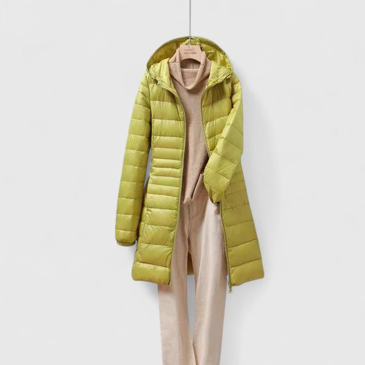 Longline Puffer Jacket for Women - Hooded Quilted Winter Coat