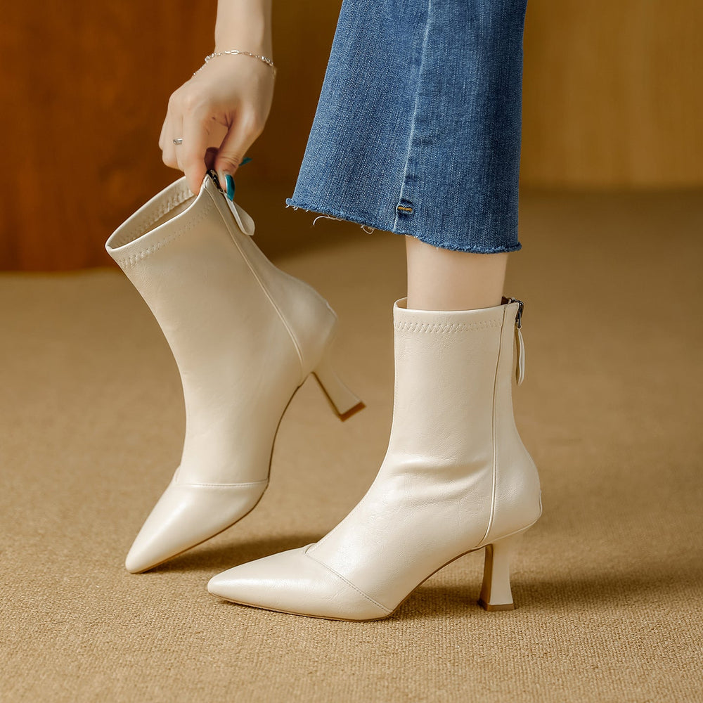 Ankle Boots for Women Genuine Leather Flared Heel - Cream