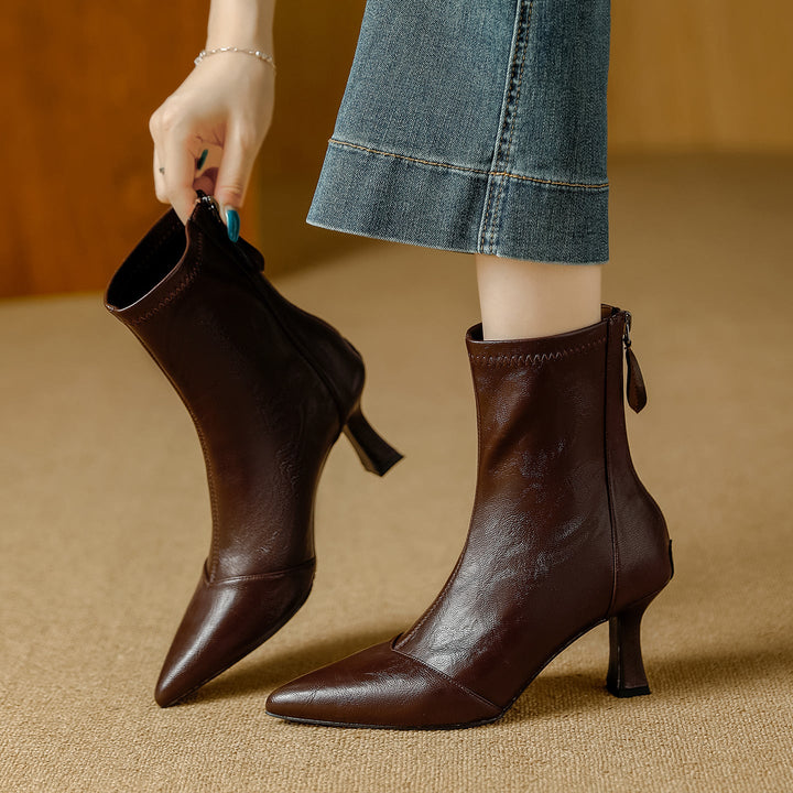 Ankle Boots for Women Genuine Leather Flared Heel - Brown