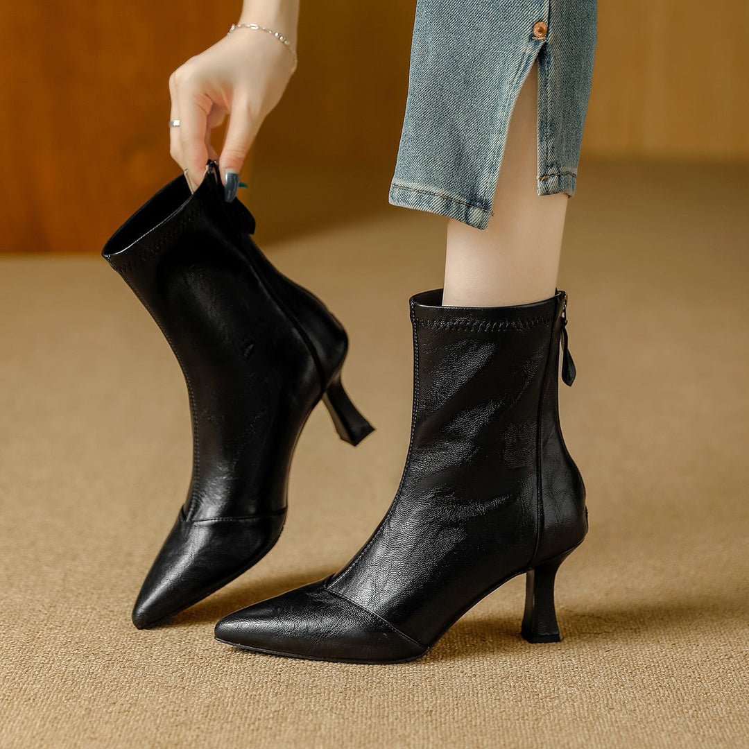 Ankle Boots for Women Genuine Leather Flared Heel - Black