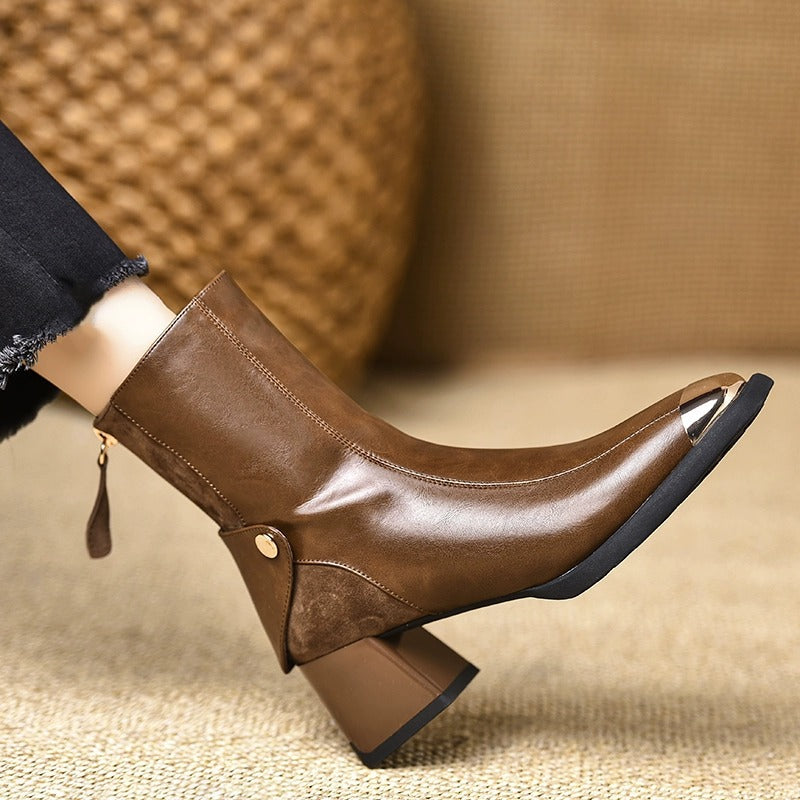 Ankle Boots for Women Genuine Leather Square Toe Block Heel - Brown