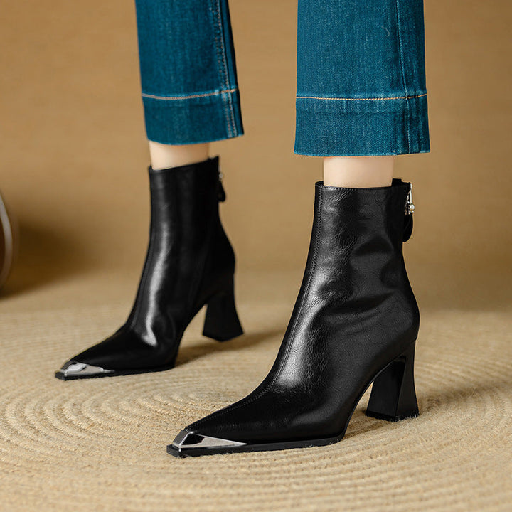 Flared Boots for Women Genuine Leather Metallic Toe High Heel - Black