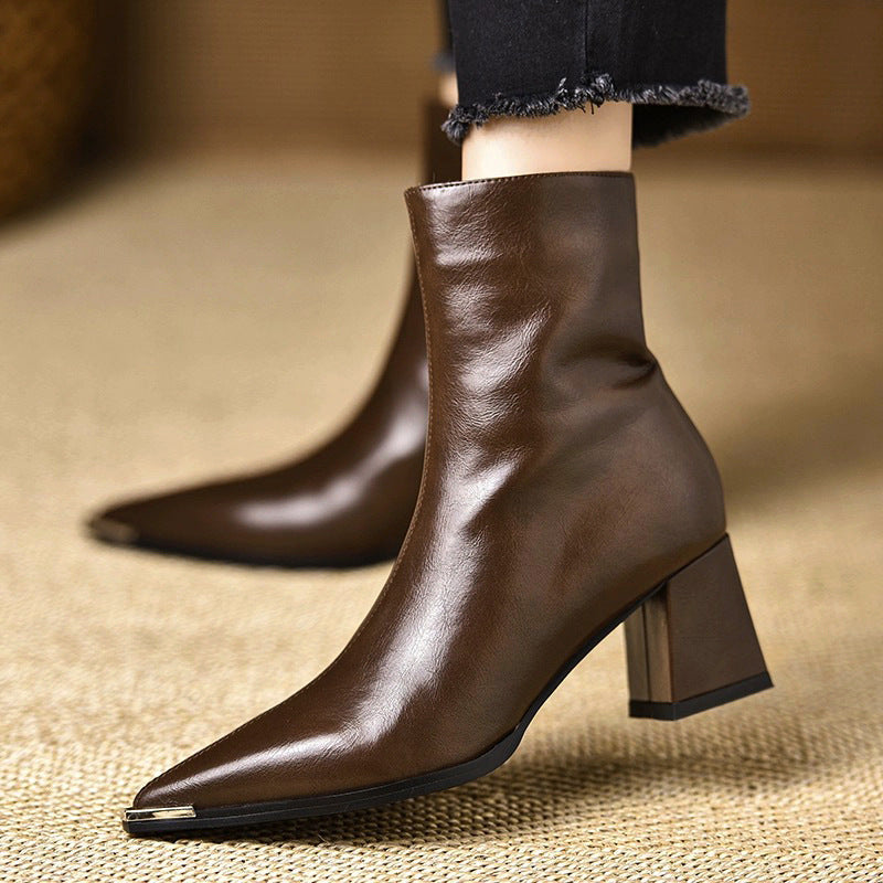 Boots for Women Genuine Leather Sculpted Toe Block Heel - Brown