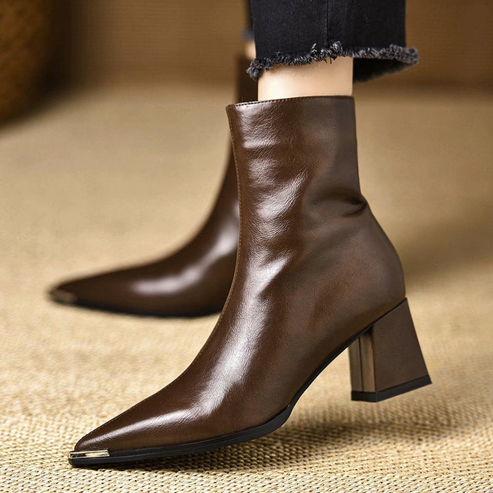 Boots for Women Genuine Leather Sculpted Toe Block Heel - Brown