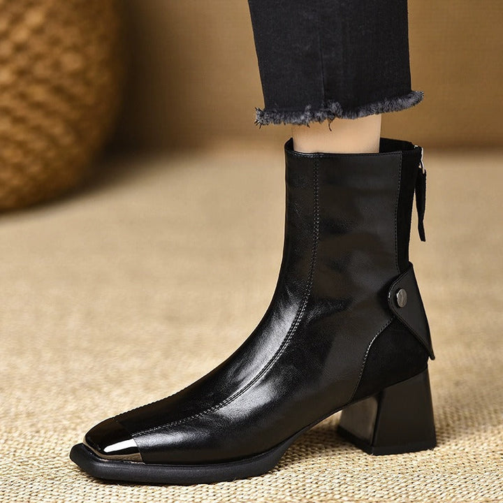 Ankle Boots for Women Genuine Leather Square Toe Block Heel - Black
