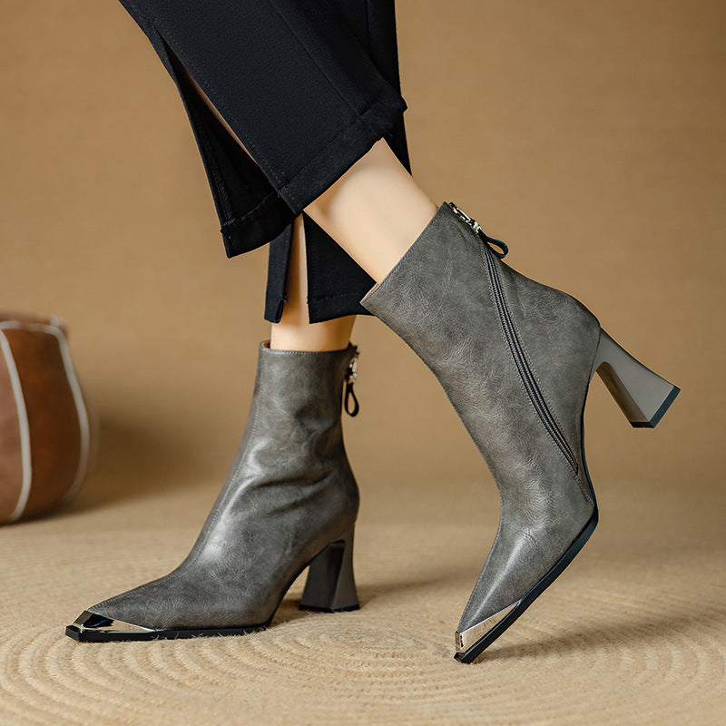 Flared Boots for Women Genuine Leather Metallic Toe High Heel - Grey