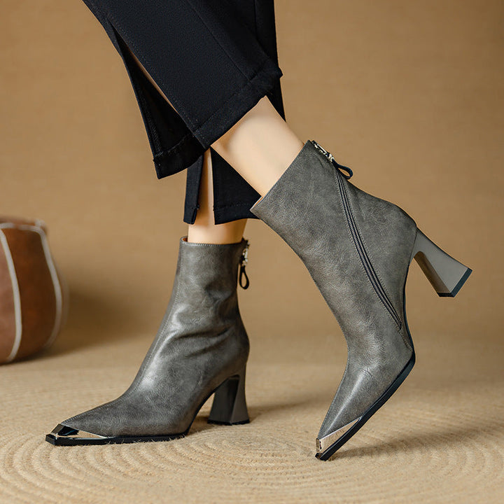 Flared Boots for Women Genuine Leather Metallic Toe High Heel - Grey