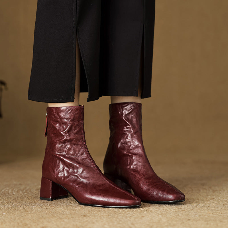 Ankle Boots for Women Genuine Leather Square Toe Block Heel - Maroon