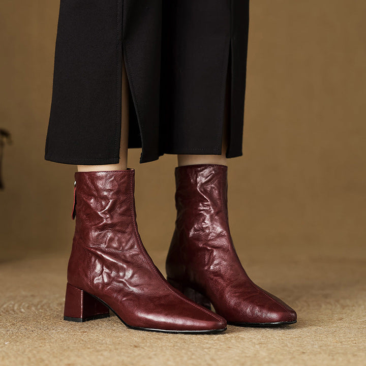 Ankle Boots for Women Genuine Leather Square Toe Block Heel - Maroon