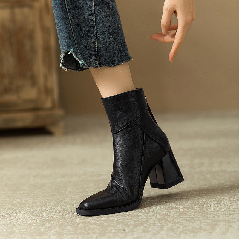 Ankle Boots for Women Vegan Leather Square Toe Block Heel - Black