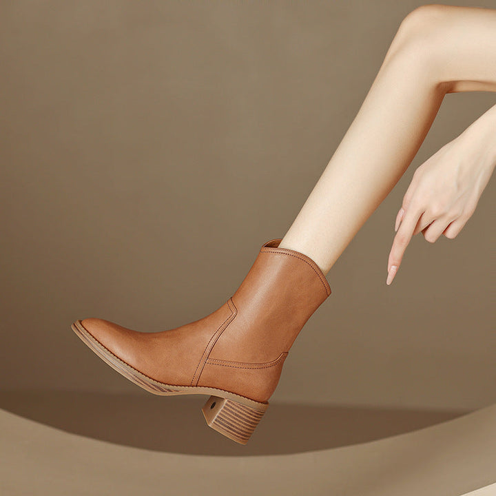 Ankle Boots for Women Genuine Leather Side Zipper Block Heel - Brown