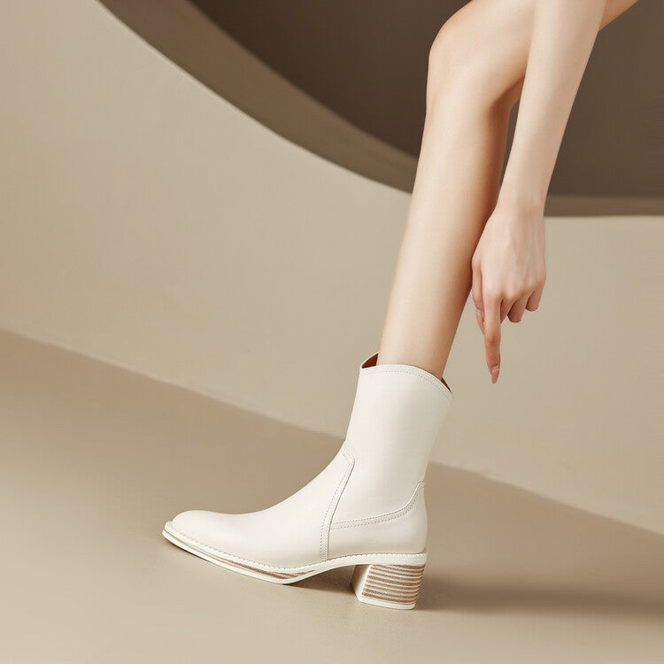 Ankle Boots for Women Genuine Leather Side Zipper Block Heel - White