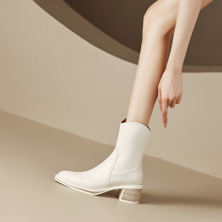 Ankle Boots for Women Genuine Leather Side Zipper Block Heel - White