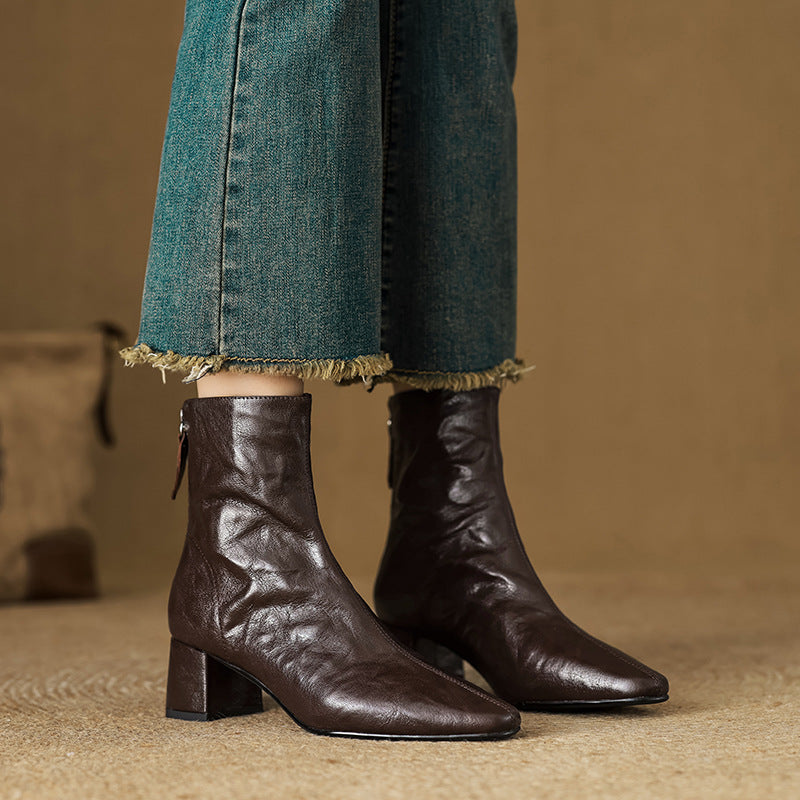 Ankle Boots for Women Genuine Leather Square Toe Block Heel - Brown