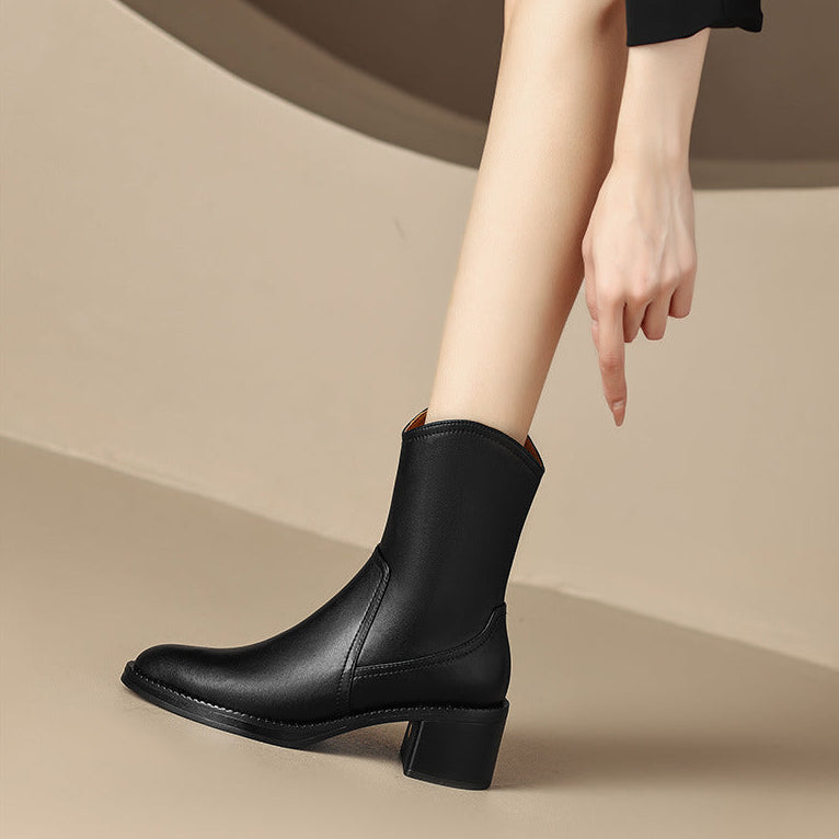 Ankle Boots for Women Genuine Leather Side Zipper Block Heel - Black